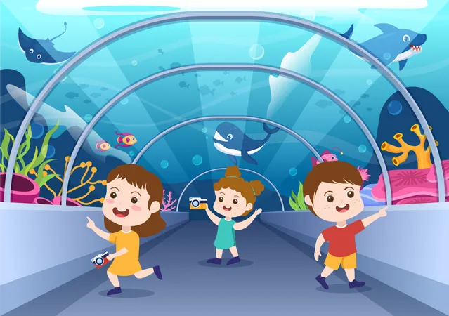 Aquarium Template Hand Drawn Cartoon Flat Illustration With Kids Looking At Underwater Fish Sea Animals Variety Marine Flora And Fauna Illustration