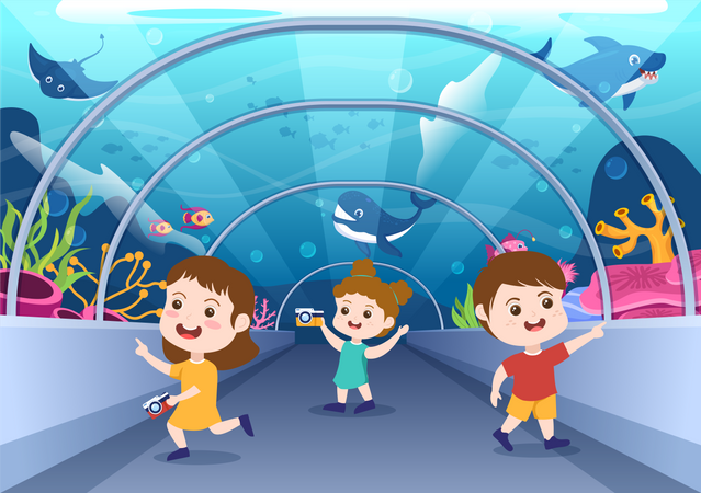 Kids enjoying at fish aquarium  Illustration