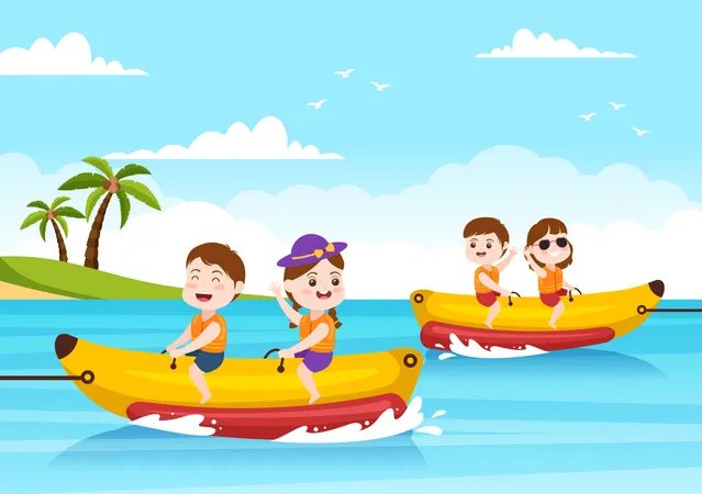 Playing Banana Boat And Jet Ski Holidays On The Sea In Beach Activities Template Hand Drawn Cartoon Flat Illustration Illustration