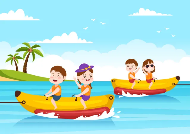 Kids enjoying banana boat jet ski  Illustration