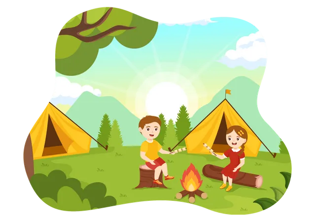 Summer Camp Vector Illustration Of Kids Camping And Traveling On Vacation With Equipment Like Tents Backpacks And More In Cartoon Template Illustration