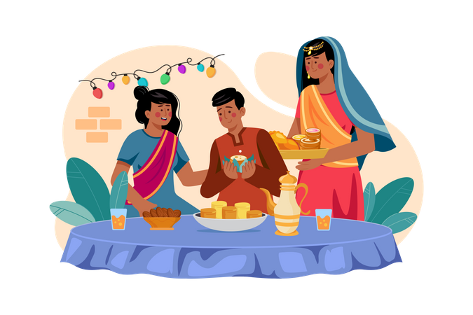 Kids enjoying Diwali sweets  Illustration