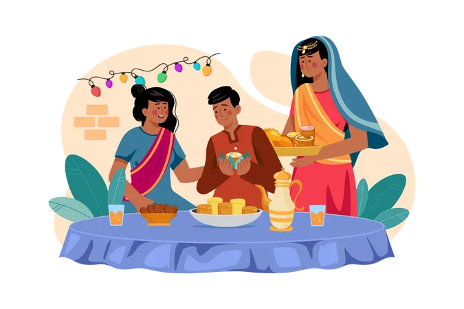 Kids enjoying Diwali sweets  Illustration