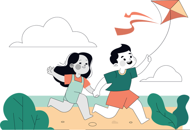 Kids enjoying flying kites in garden  Illustration