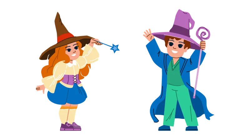 Kid Wizard Vector Magic Child Magician Wand Hat Fantasy Costume Show Young Happy Kid Wizard Character People Flat Cartoon Illustration Illustration