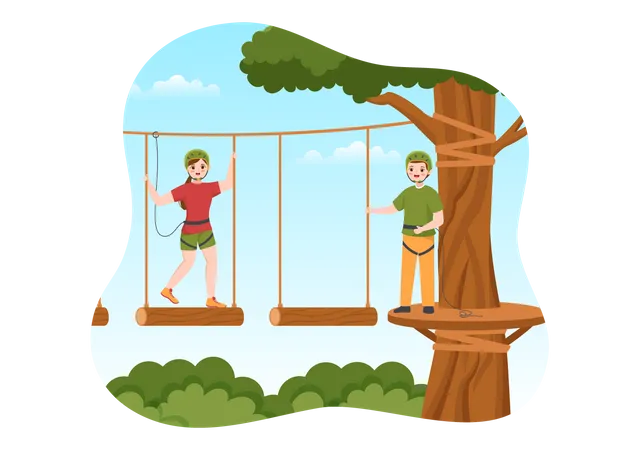 Zip Line Illustration With Visitors Walking On An Obstacle Course And Outdoor Rope Adventure Park In Forest In Flat Cartoon Hand Drawn Templates Illustration