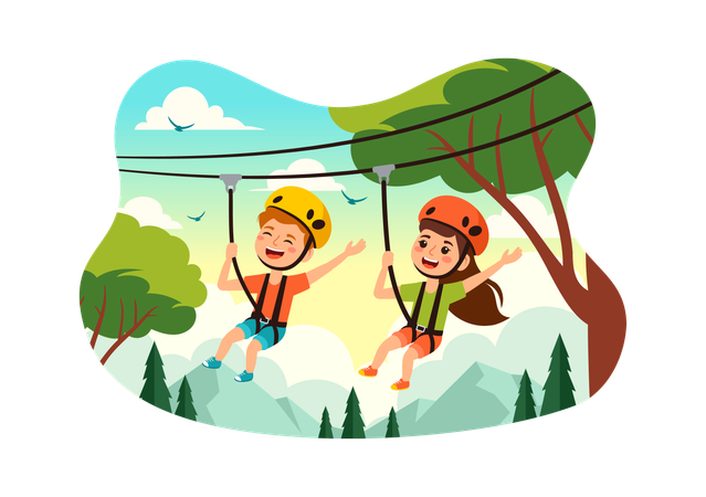 Kids Enjoying Zip Line  Illustration