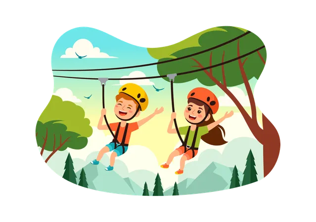 Kids Enjoying Zip Line  Illustration