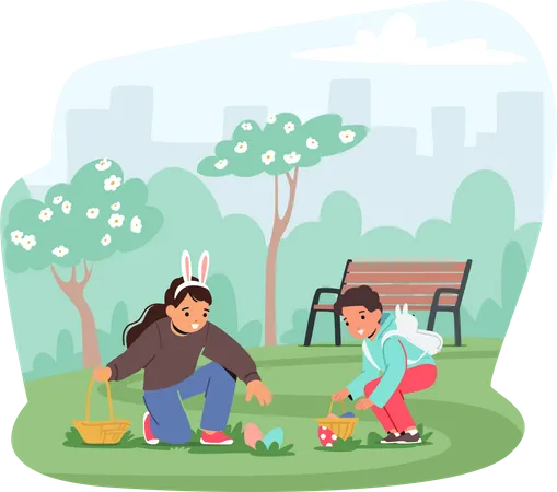Kids excitedly scour a park for eggs with basket in hand Illustration