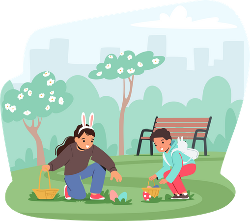 Kids excitedly scour a park for eggs with basket in hand  Illustration