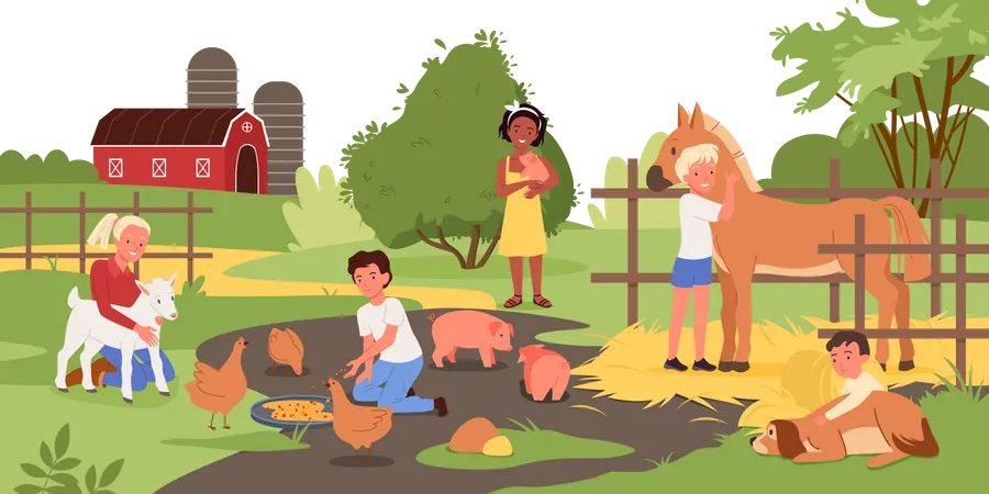 Kids feeding food to animal in farm  Illustration