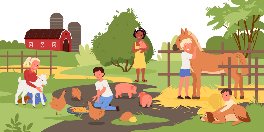 Kids feeding food to animal in farm  イラスト