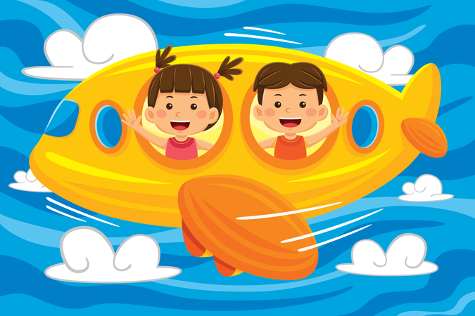 Kids Flying on a plane  Illustration