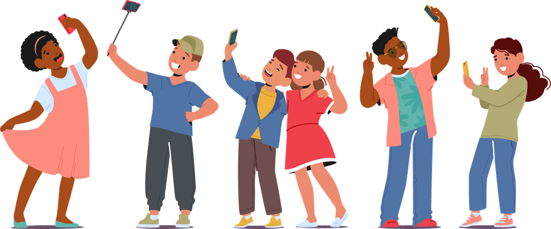 Kids Giggling and Capturing Joy In Shared Selfie Moment  Illustration