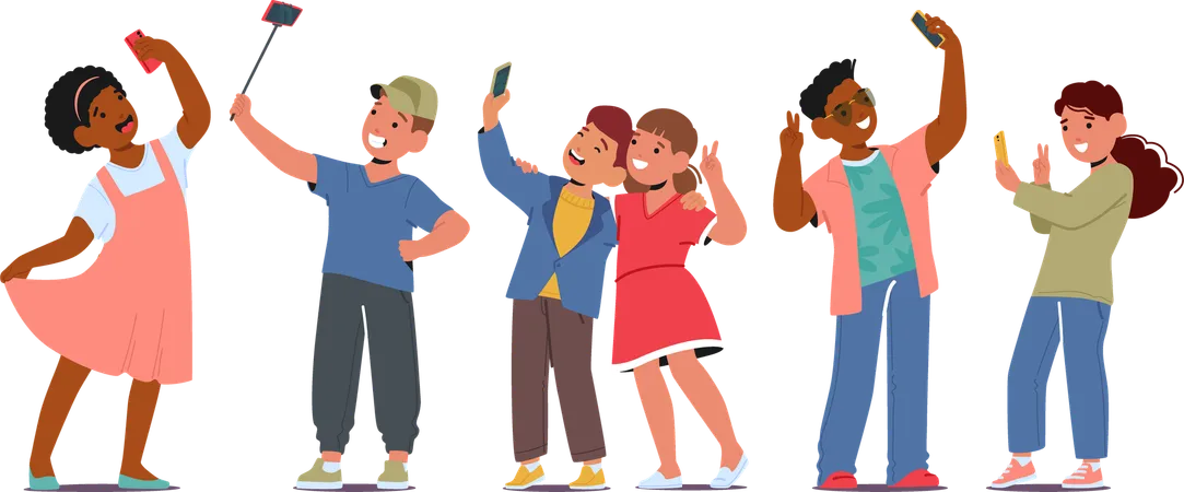 Kids Giggling and Capturing Joy In Shared Selfie Moment  Illustration