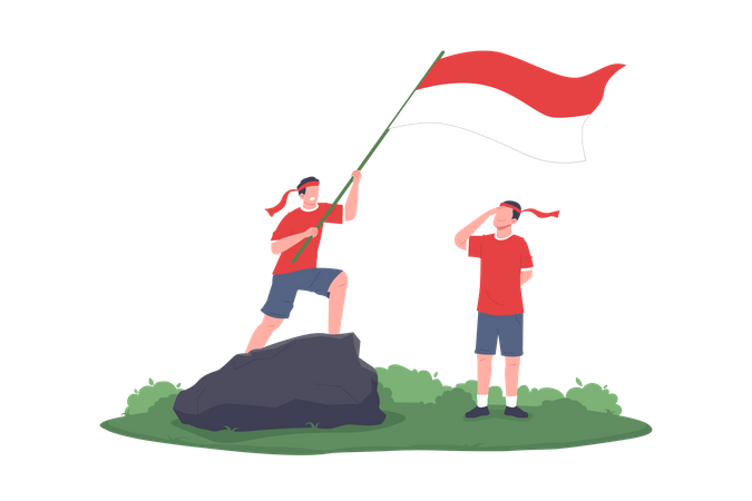 Kids Give Salute to Indonesia's Flag  Illustration