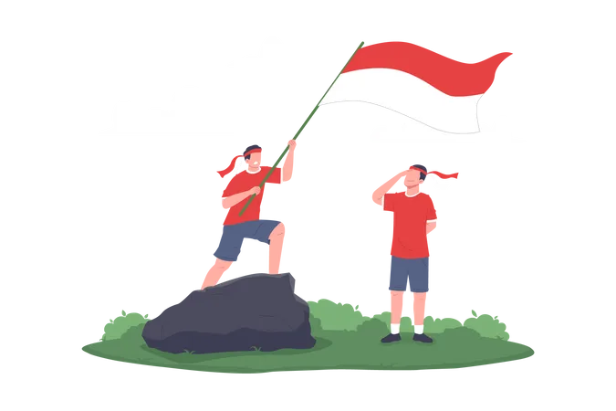 Kids Give Salute to Indonesia's Flag  Illustration