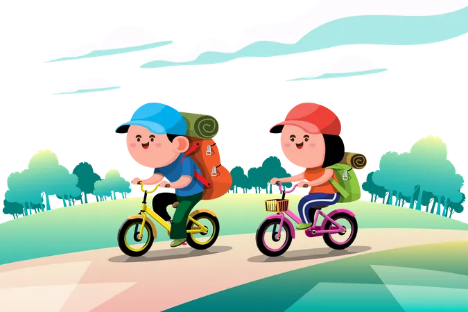 Kids going to picnic while riding bicycle  Illustration