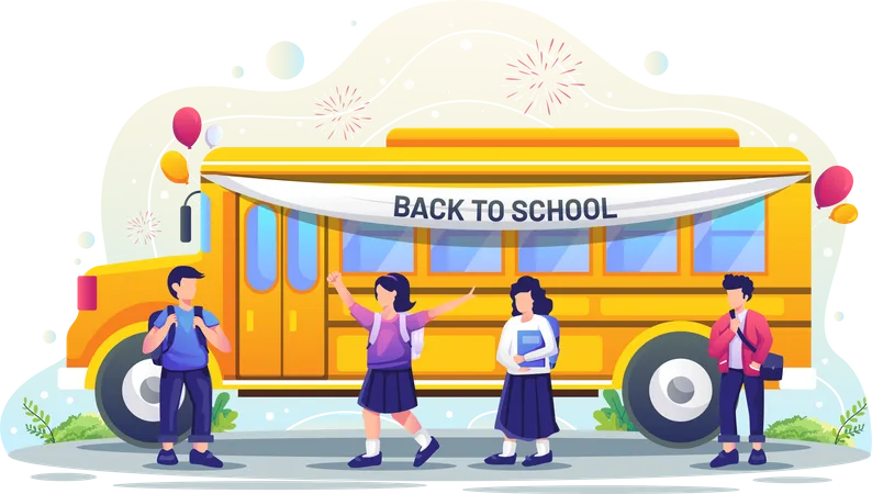 Kids going to school in bus Illustration