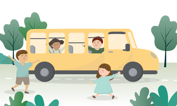 Kids going to school in school bus  Illustration