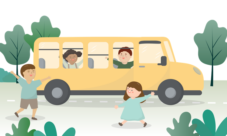 Kids going to school in school bus Illustration