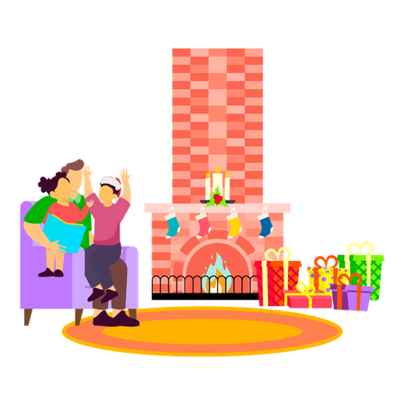 Kids have fun with their father by the chimney on Christmas  Illustration