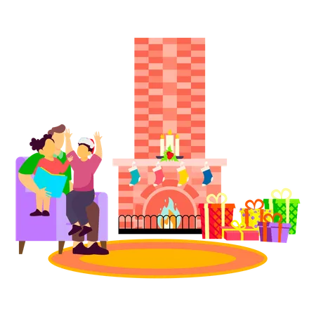 Kids have fun with their father by the chimney on Christmas  Illustration