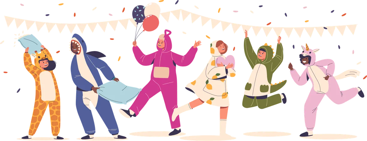 Kids Having Fun At Pajama Party Cozy Gathering Where Children Clad In Their Favorite Kigurumi Onesies Engage In Fun Activities Pillow Fight And Games Creating Unforgettable Memories Vector Illustration