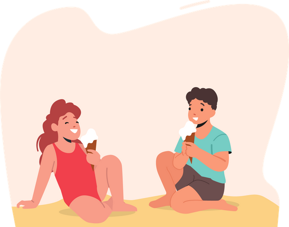 Kids having ice cream while sitting at beach Illustration