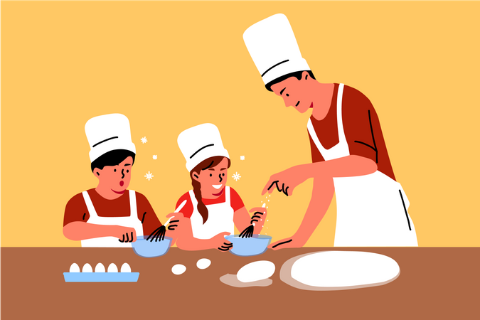 Kids helping to father in kitchen  Illustration