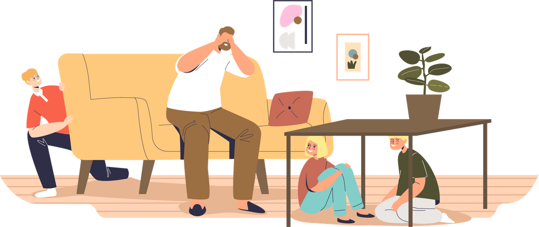 Kids hiding in house while father closing eyes Illustration