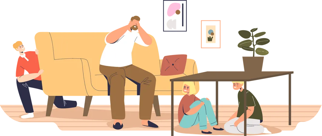 Kids hiding in house while father closing eyes  Illustration