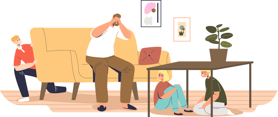 Kids hiding in house while father closing eyes  Illustration