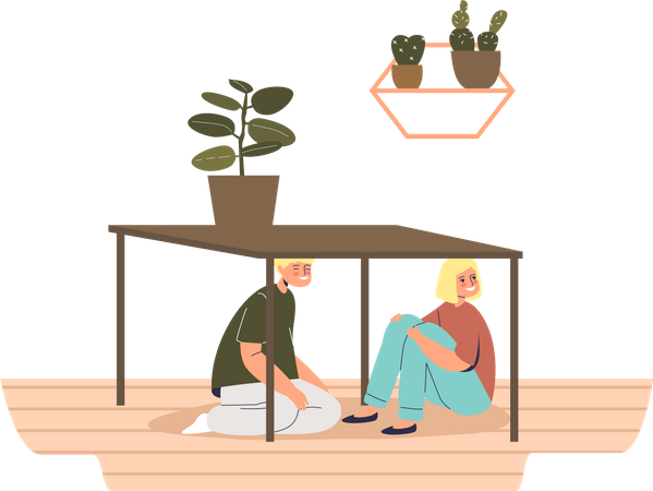 Kids hiding under table  Illustration