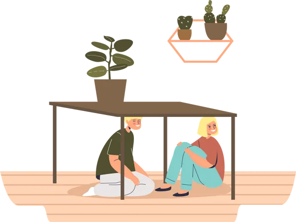 Kids hiding under table  Illustration