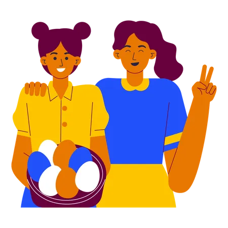 Kids holding egg basket  Illustration