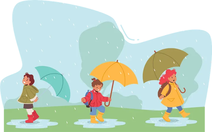 Kids holding umbrella in rain Illustration