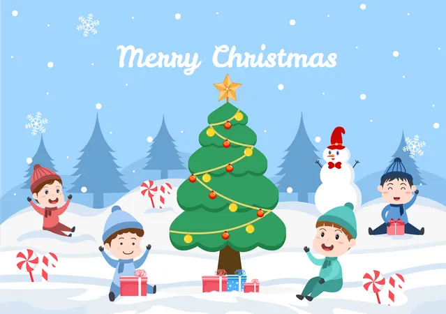 Happy Celebrating Christmas Day With Kids And Snowman The Decoration Tree And Some Gift Background Vector Illustration Illustration
