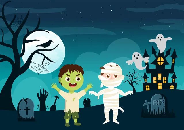 Kids in Halloween costume Illustration