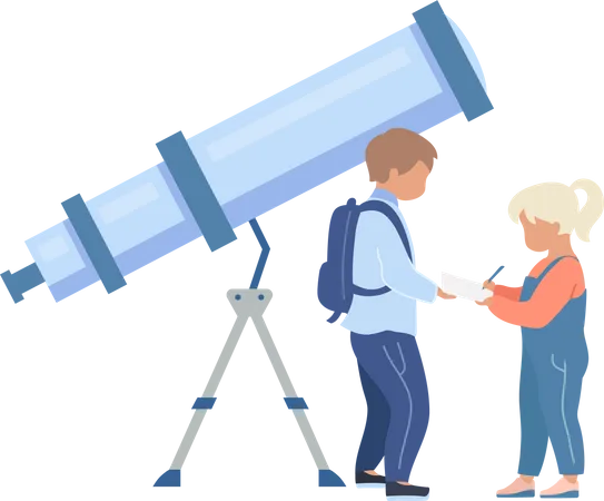 Kids In Planetarium Flat Color Vector Faceless Character Children Near Telescope Learn About Universe Astronomy Exhibition Isolated Cartoon Illustration For Web Graphic Design And Animation Illustration