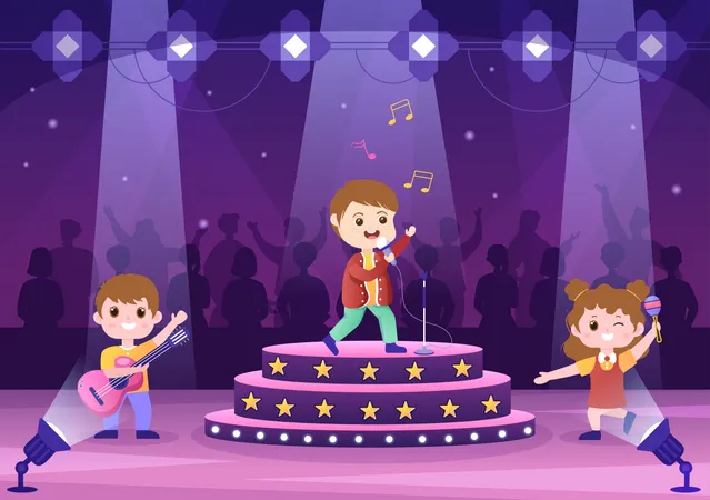 Talent Show With Contestants Displaying Their Skill On Stage Or Podium In Front Of Judges Judging Them In Cute Cartoon Illustration Illustration
