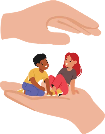 Helping Hands Care Of Little Children Sitting On Palm Concept Of Social Help Charitable Support And Protection Of Kids Society Support Upbringing Orphans Cartoon People Vector Illustration Illustration