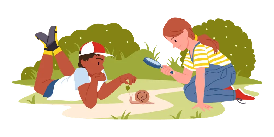 Kids interacting with snail first time  Illustration