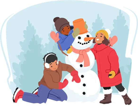 Kids Joyfully Gather Snow Rolling And Shaping It Into A Snowman With Button Eyes Carrot Nose And Warm Scarf Showcasing Their Creativity And Delight In The Winter Season Playful Activities Vector Illustration
