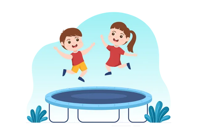 Trampoline Illustration With Little Kids Jumping On A Trampolines In Hand Drawn Flat Cartoon Summer Outdoor Activity Background Template Illustration