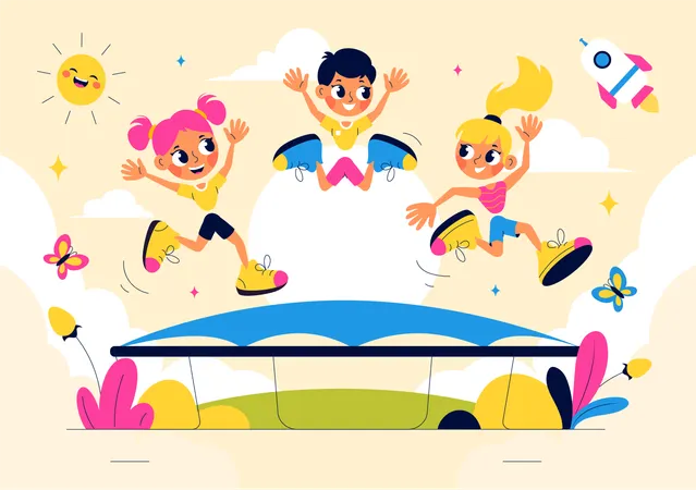 Kids jumping on trampoline  Illustration