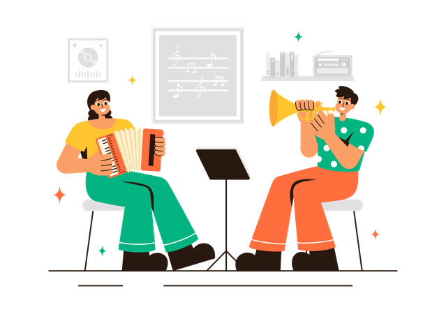 Kids learn to play saxophone in Music School  Illustration