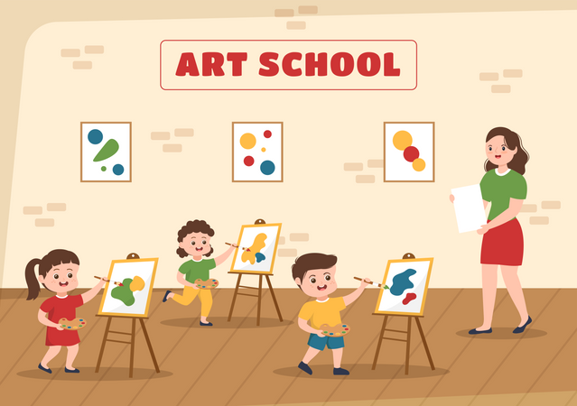 Kids learning art at art school Illustration