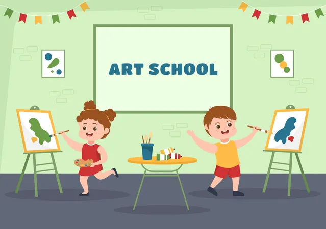Art School Of Painting With Live Model Or Object Using Tools And Equipment In Template Hand Drawn Cartoon Flat Illustration Illustration