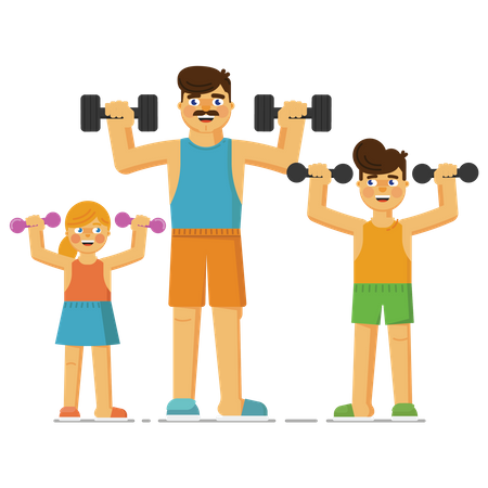 Kids lifting dumbbells with father Illustration